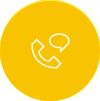 A white outline of a phone handset and a speech bubble on a bright yellow circular background, representing instant support for crane audits.