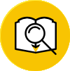 Icon of an open book with a magnifying glass over its pages, centered on a yellow circular background—symbolizing in-depth research and inspection, perfect for representing crane audits.
