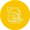 White line drawing of a checklist, shield, and gavel on a yellow circular background, representing crane audits.