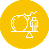 White outline of a person standing on a seesaw opposite a large bomb with a lit fuse, on a yellow circular background, symbolizing the risk or danger often identified during crane audits.