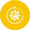 White wrench inside a gear with a curved arrow above, on a yellow circular background. Represents settings, maintenance, process improvement, or crane audits.